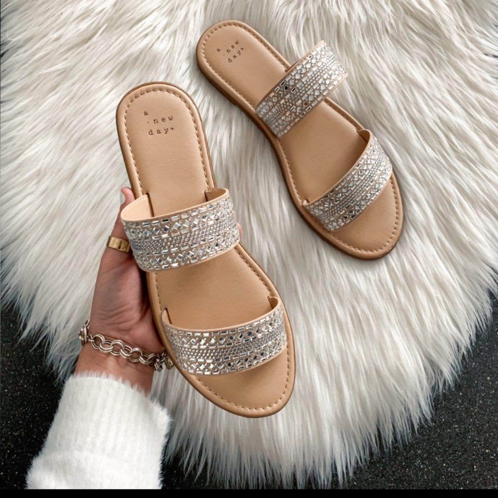 A New Day Beige and Silver Slide Sandals